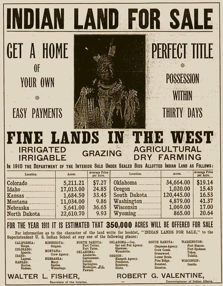 United States Department of the Interior, "Indian Land for Sale," 1911, Wikimedia Commons, https://commons.wikimedia.org/wiki/File:Indian_Land_for_Sale.jpg. 