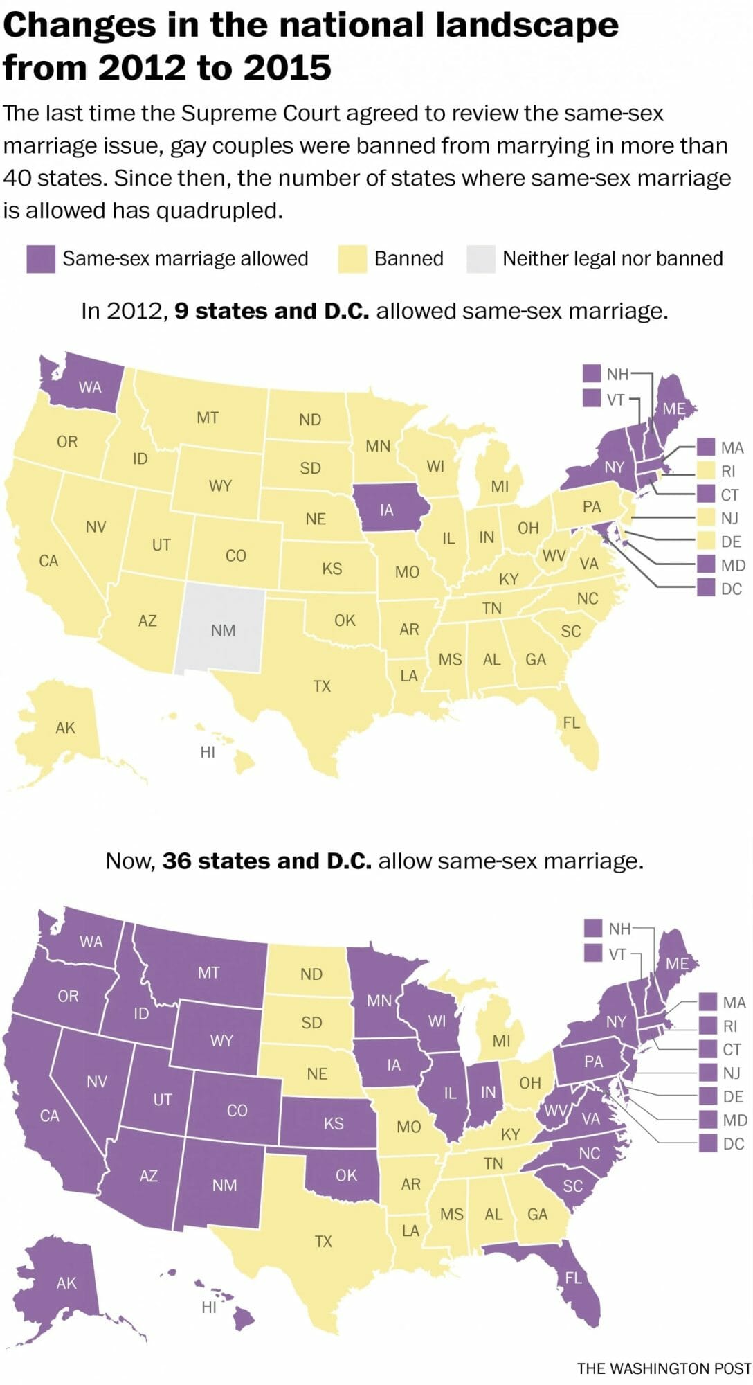Mark Berman, “How same-sex marriage in the U.S. changed since the Supreme Court acted in 2013,” The Washington Post, January 16, 2015, https://www.washingtonpost.com/news/post-nation/wp/2015/01/16/how-same-sex-marriage-in-the-u-s-changed-since-the-supreme-court-last-heard-the-issue/.