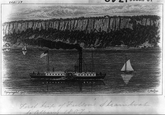 Samuel Hollyer, "First trip of Fulton's steamboat to Albany," 1807, Etching, Library of Congress Prints and Photographs Division, https://www.loc.gov/item/98505532/. 
