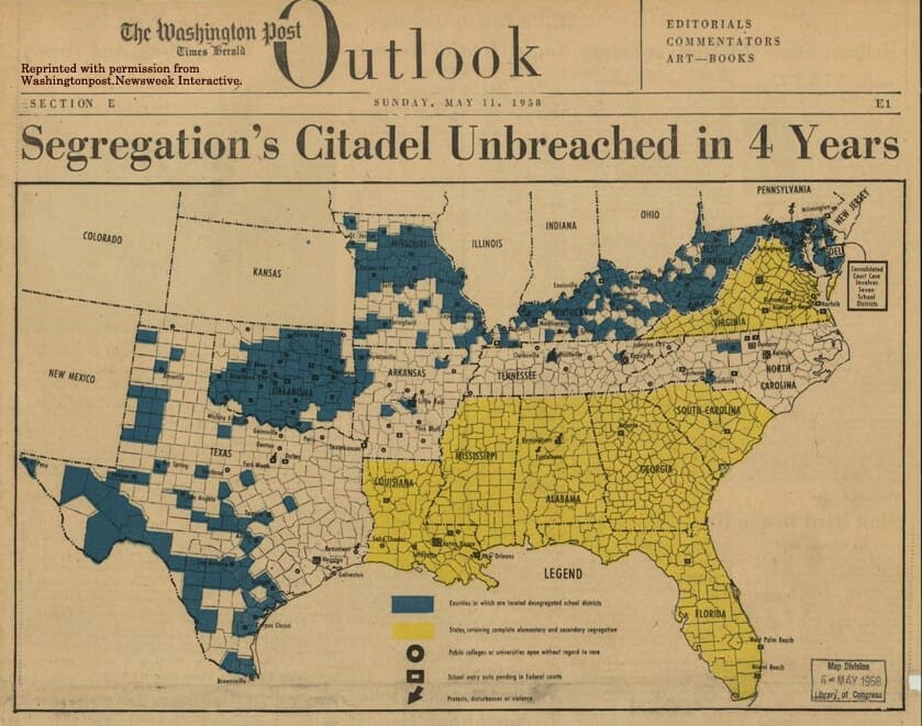 “Segregation's Citadel Unbreached in 4 Years,” Washington Observer, Newspaper Map, May 11, 1958. Library of Congress Geography and Map Division, https://www.loc.gov/exhibits/brown/brown-aftermath.html#obj140.  