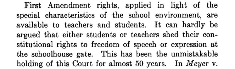 Tinker v. Des Moines School Dist. 393 U.S. 503 (1969). Library of Congress U.S. Reports, https://www.loc.gov/item/usrep393503/. 