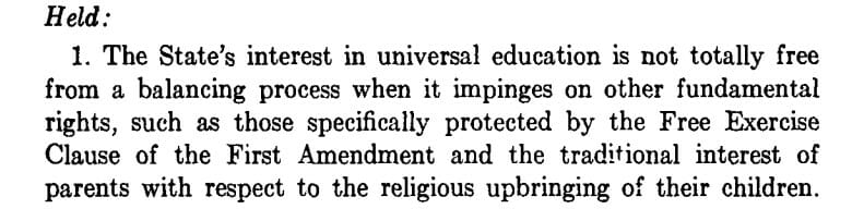 Wisconsin v. Yoder 406 U.S. 205 (1972). Library of Congress U.S. Reports, https://www.loc.gov/item/usrep406205/.  