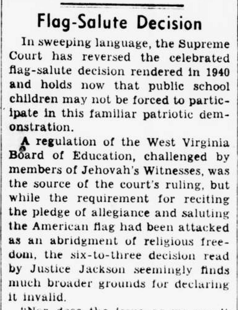 “Flag-Salute Decision,” The Evening Star (Washington, DC), June 16, 1943. Library of Congress Chronicling America, https://chroniclingamerica.loc.gov/lccn/sn83045462/1943-06-16/ed-1/seq-8/