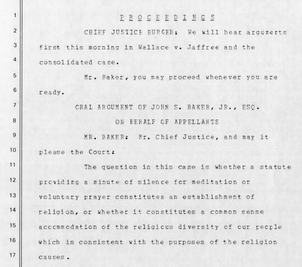 “Official Transcript Proceedings Before the Supreme Court of the United States: George C. Wallace, Governor of Alabama, et al., appellants v. Ishmael Jaffree, et. al.; and Douglas T. Smith, et al., appellants v. Ishmael Jaffree, et. al.” December 4, 1984,   https://www.supremecourt.gov/pdfs/transcripts/1984/83-812_83-929_12-04-1984.pdf. 