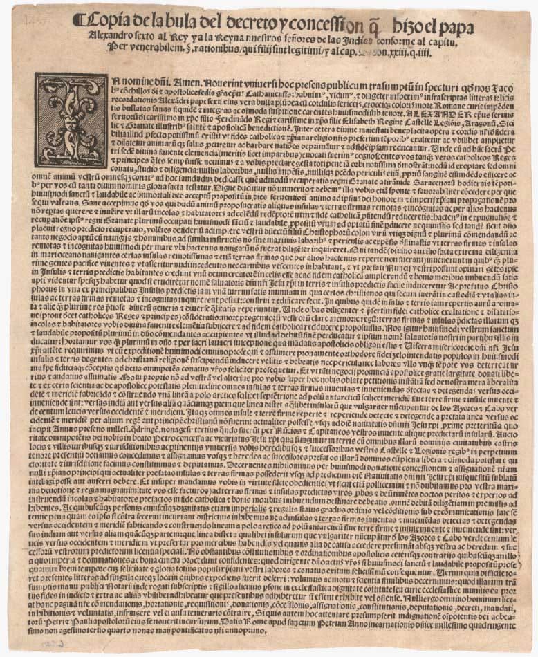 Document citation: “Inter Caetera,” issued by Pope Alexander VI on May 4, 1493 Page citation: “The Doctrine of Discovery, 1493,” The Gilder Lehrman Institute of American History, https://www.gilderlehrman.org/history-resources/spotlight-primary-source/doctrine-discovery-1493 https://www.gilderlehrman.org/sites/default/files/content-images/GLC04093_0.jpg