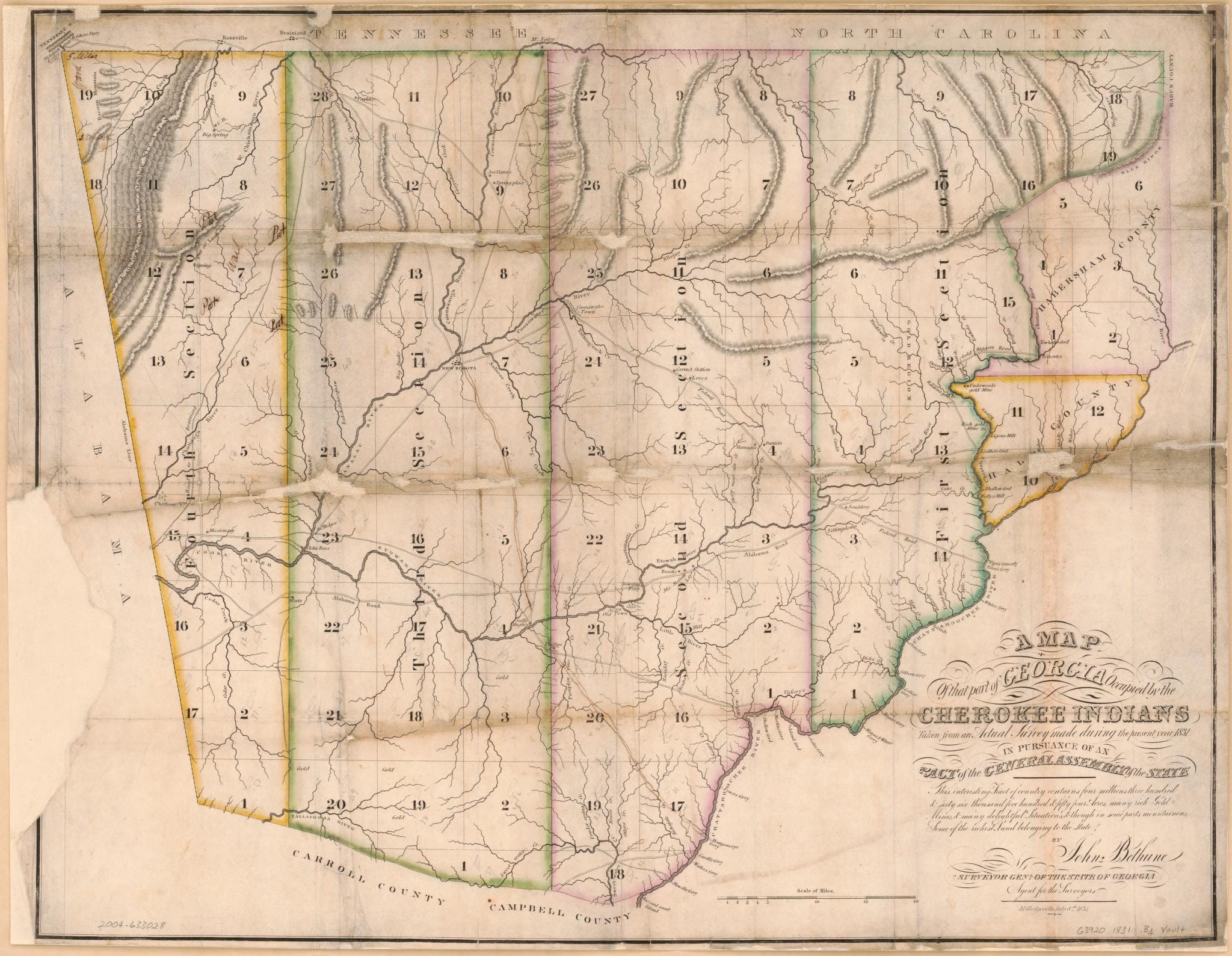 John Bethune, “A map of that part of Georgia occupied by the Cherokee Indians…,” Map, 1831. Library of Congress Geography and Maps Division, https://www.loc.gov/resource/g3920.ct006918/?r=-0.178,-0.043,1.356,0.862,0