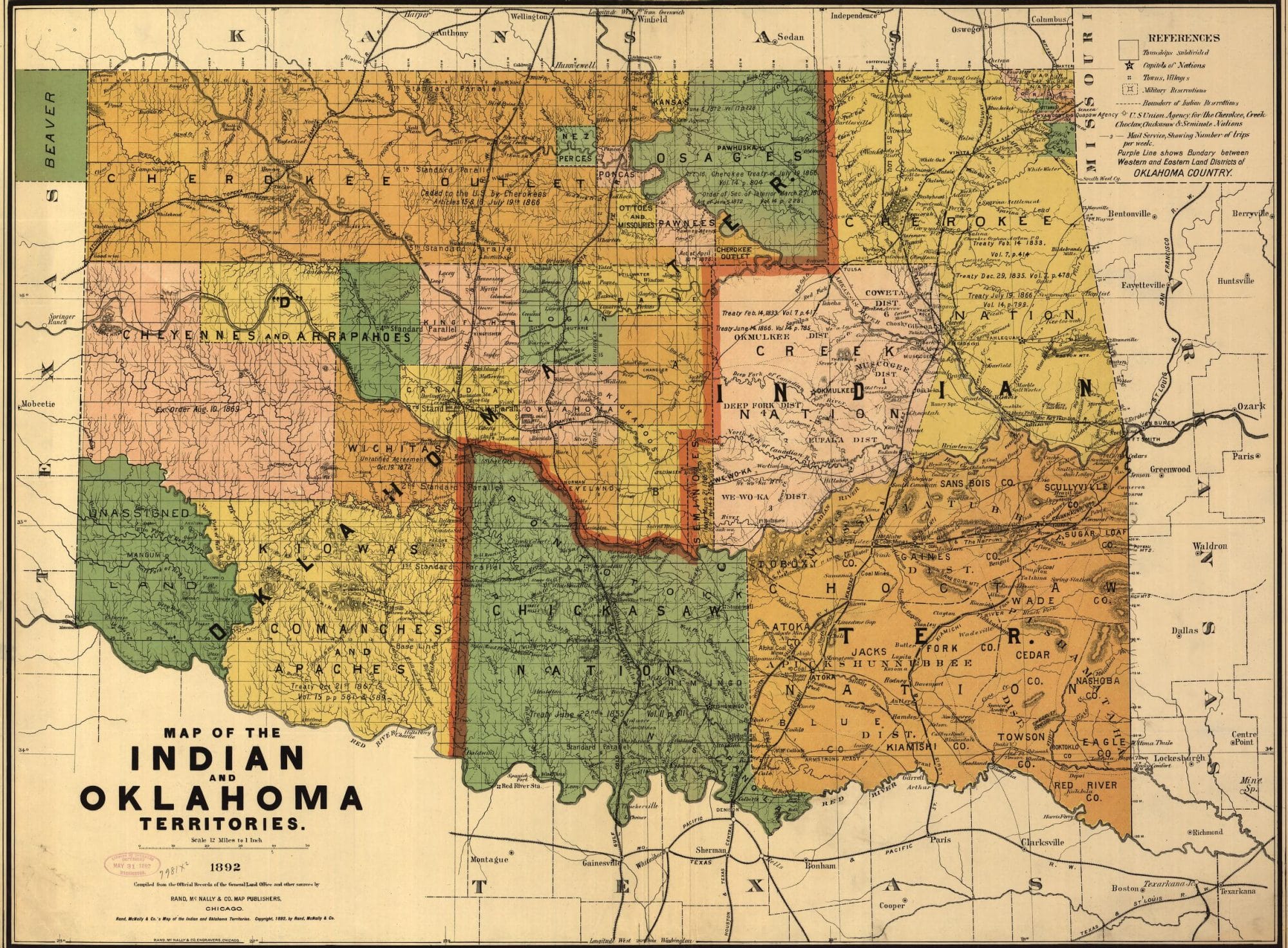 Rand Mcnally And Company. Map of the Indian and Oklahoma territories. [S.l, 1892] Map. Retrieved from the Library of Congress, <www.loc.gov/item/98687110/>.