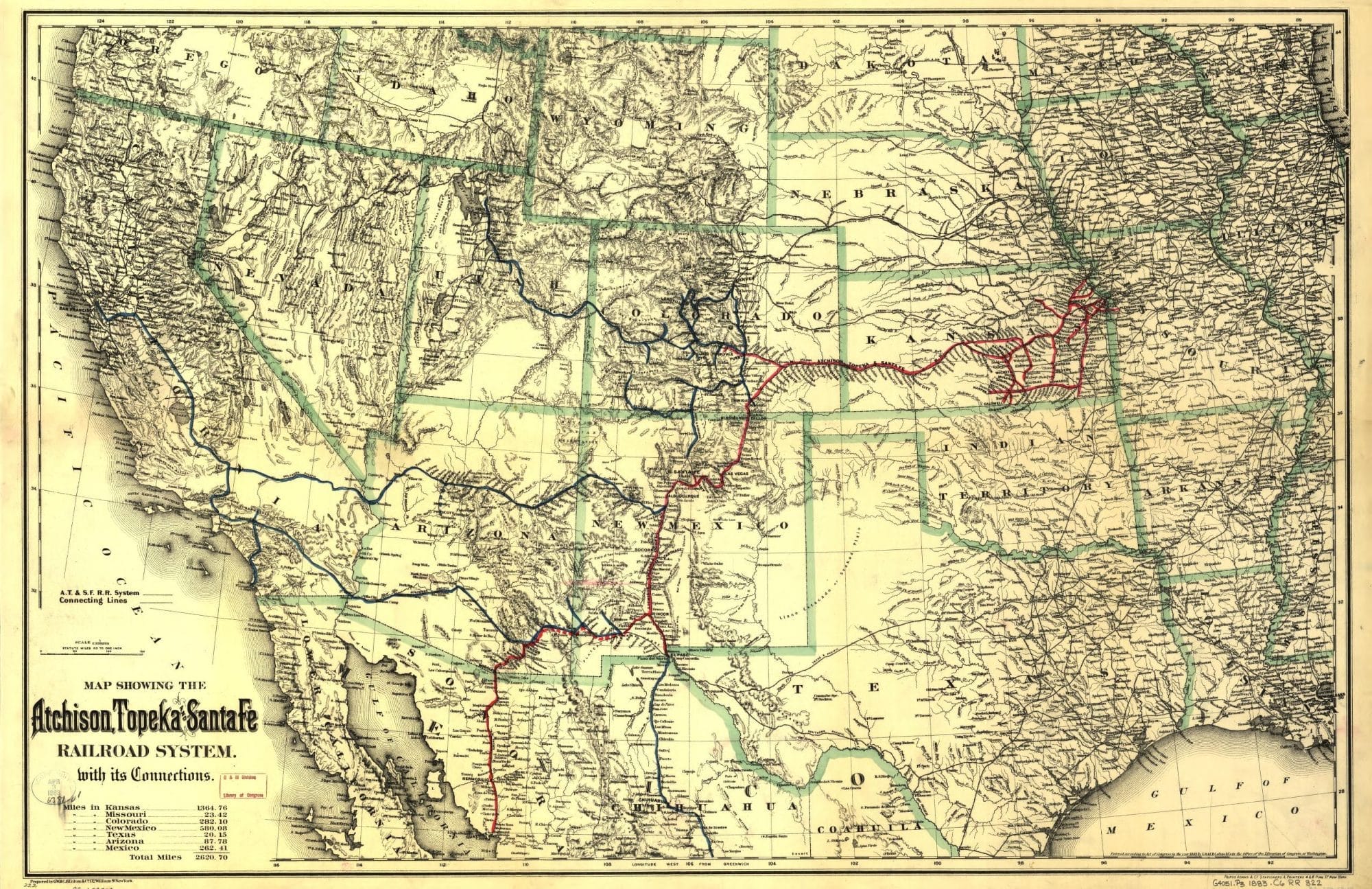 G.W. & C.B. Colton & Co, and Topeka Atchison. Map showing the Atchison, Topeka and Santa Fé Railroad system, with its connections. New York, 1883. Map. Retrieved from the Library of Congress, <www.loc.gov/item/98688579/>.